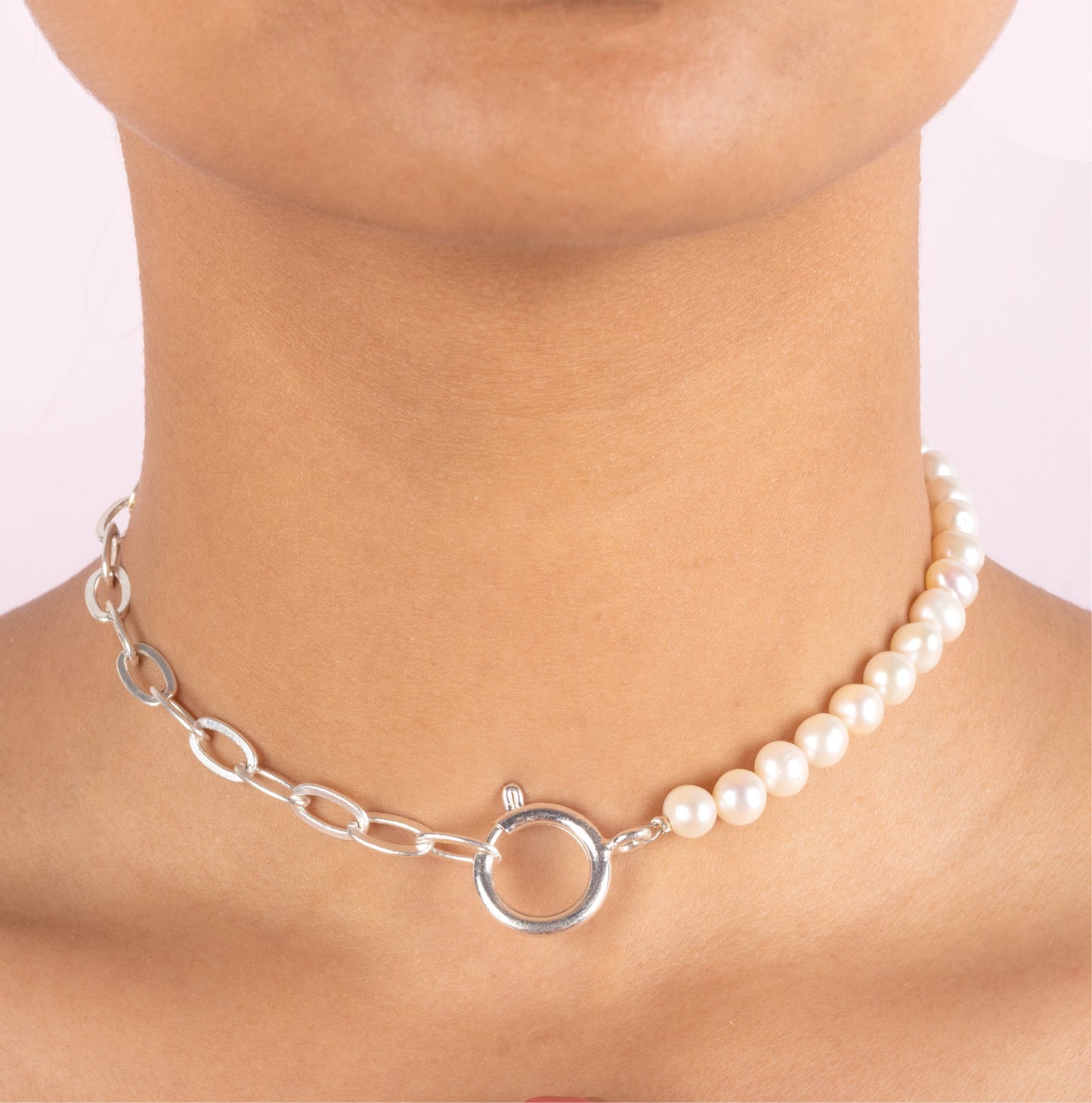 Half Silver Half Pearl Choker